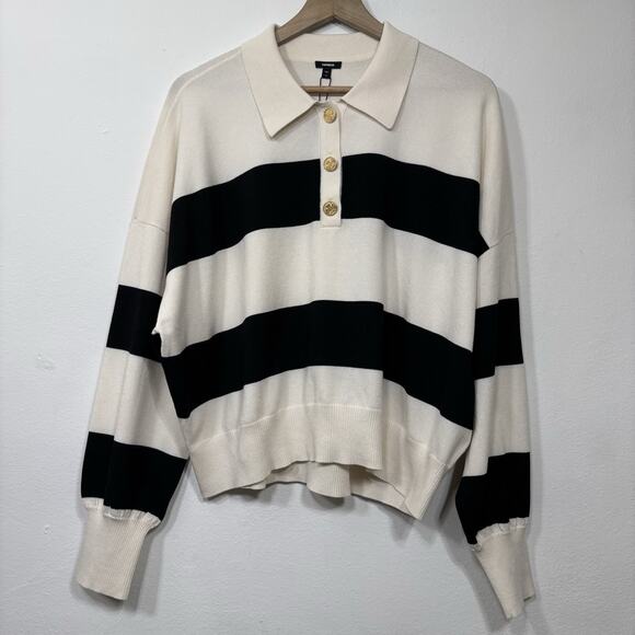 Express Womens Ivory Black Rugby Striped Sweater XL Collar Gold Buttons Preppy - Picture 2 of 8